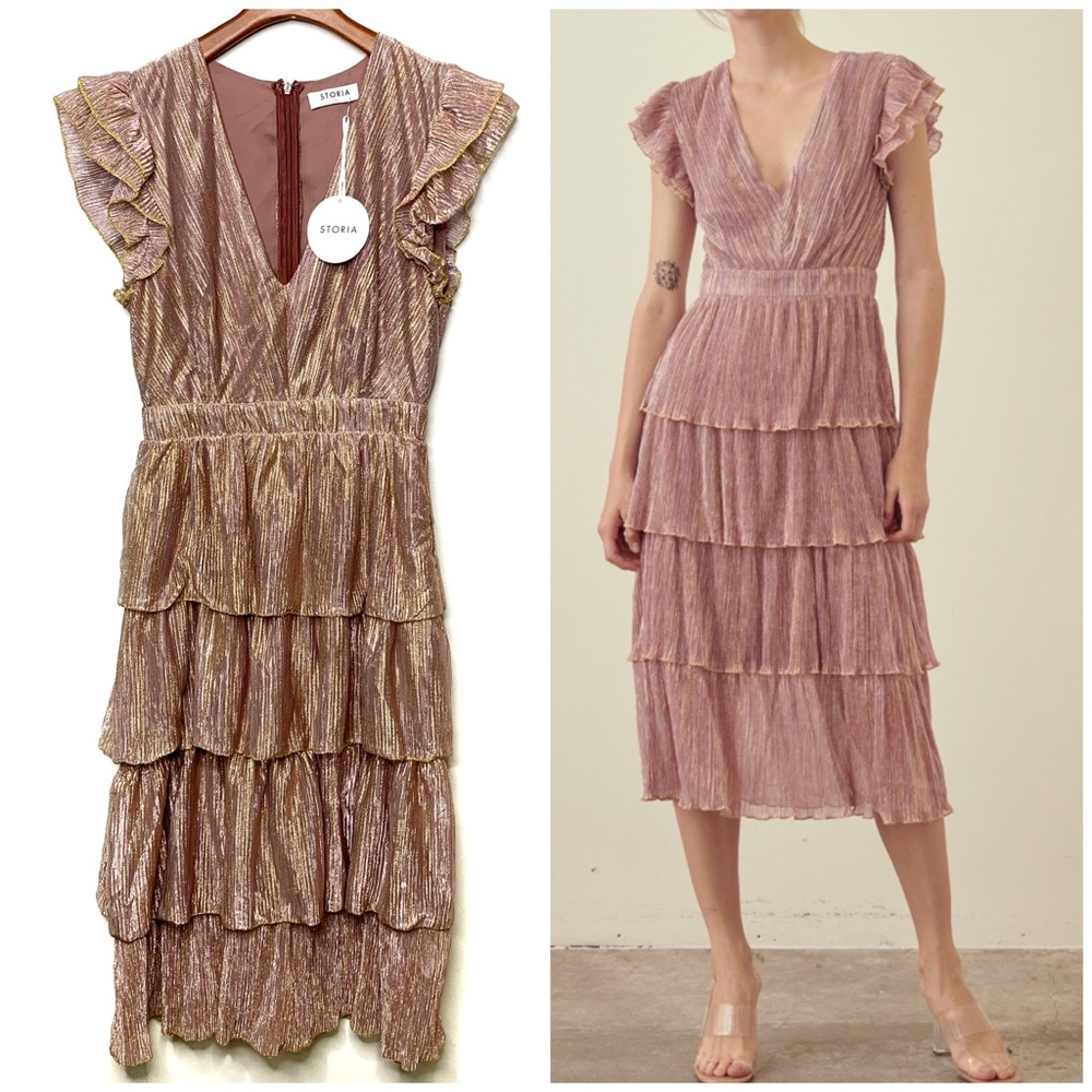 STORIA Metallic Blush Chiffon Frill Plunge Dress S